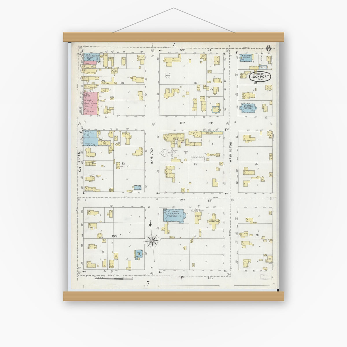 Old map wall art mockup — magnetic wood frame on white wall — Sanborn Fire Insurance Map from Lockport, Will County, Illinois (1897), Sheet #0006