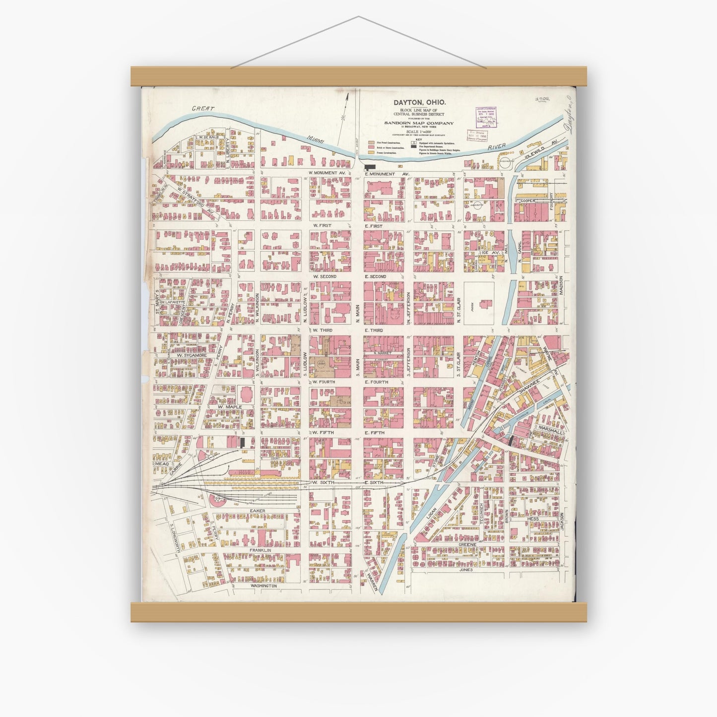 Old map wall art mockup — magnetic wood frame on white wall — Sanborn Fire Insurance Map from Dayton, Montgomery County, Ohio (1906), Sheet #0001