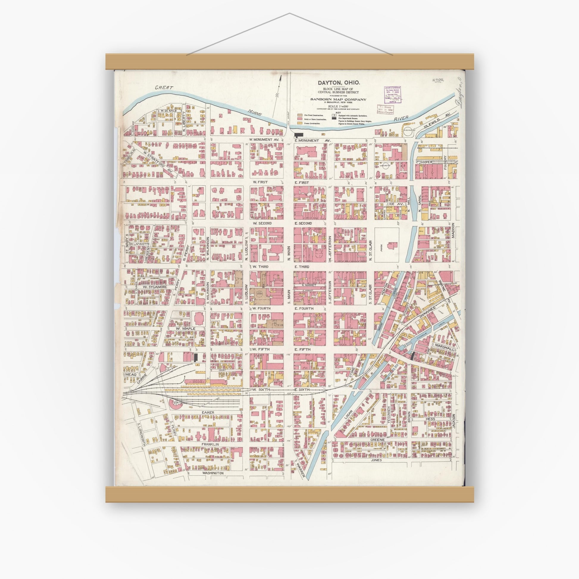 Old map wall art mockup — magnetic wood frame on white wall — Sanborn Fire Insurance Map from Dayton, Montgomery County, Ohio (1906), Sheet #0001
