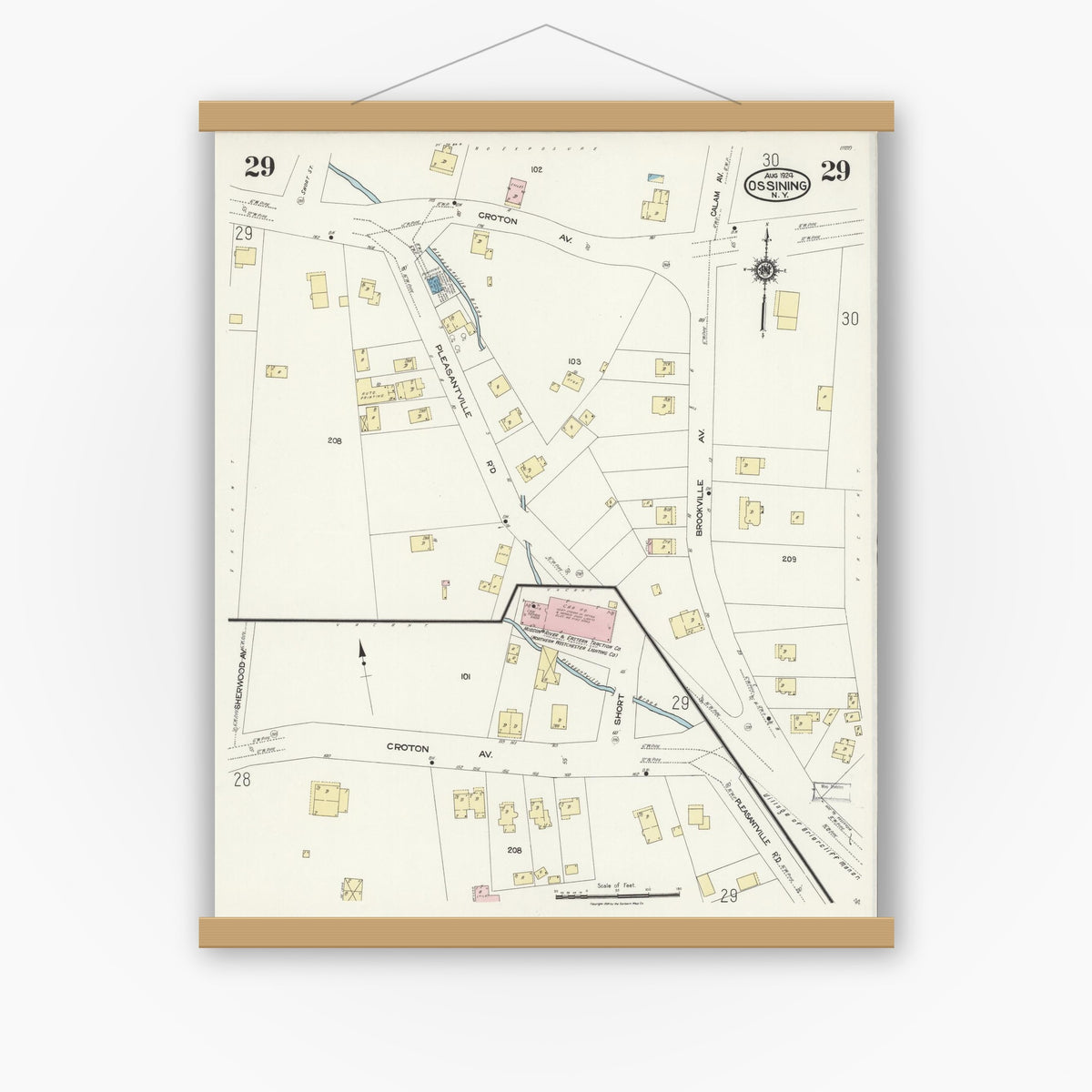 Old map wall art mockup — magnetic wood frame on white wall — Sanborn Fire Insurance Map from Ossining, Westchester County, New York (1924), Sheet #0029