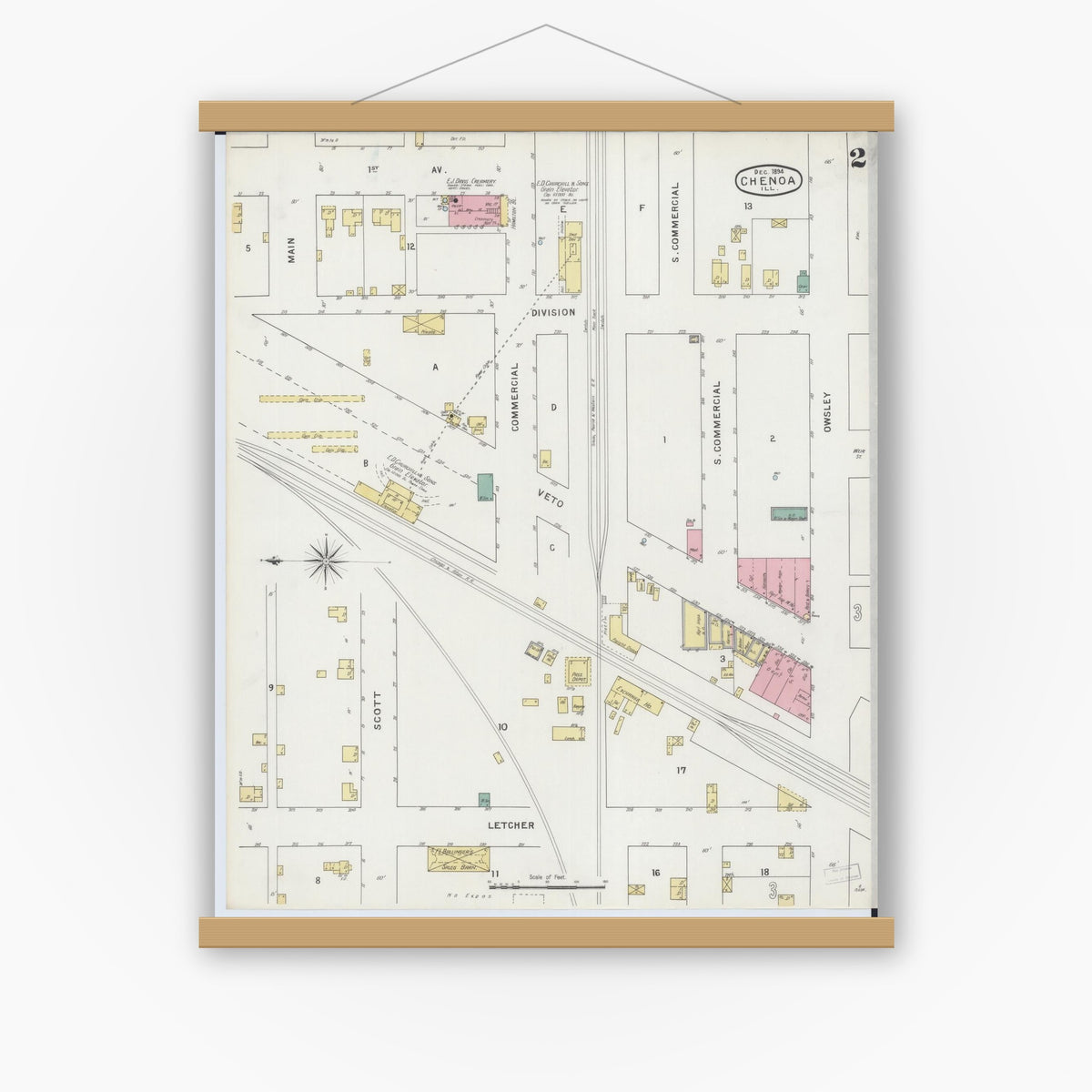 Old map wall art mockup — magnetic wood frame on white wall — Sanborn Fire Insurance Map from Chenoa, McLean County, Illinois (1894), Sheet #0002