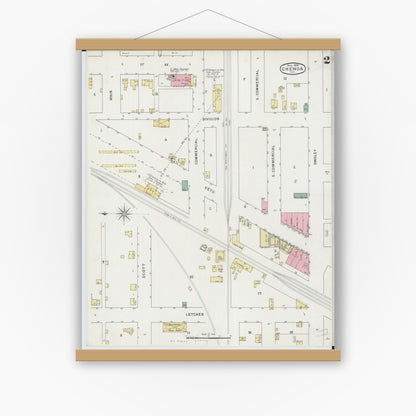 Old map wall art mockup — magnetic wood frame on white wall — Sanborn Fire Insurance Map from Chenoa, McLean County, Illinois (1894), Sheet #0002