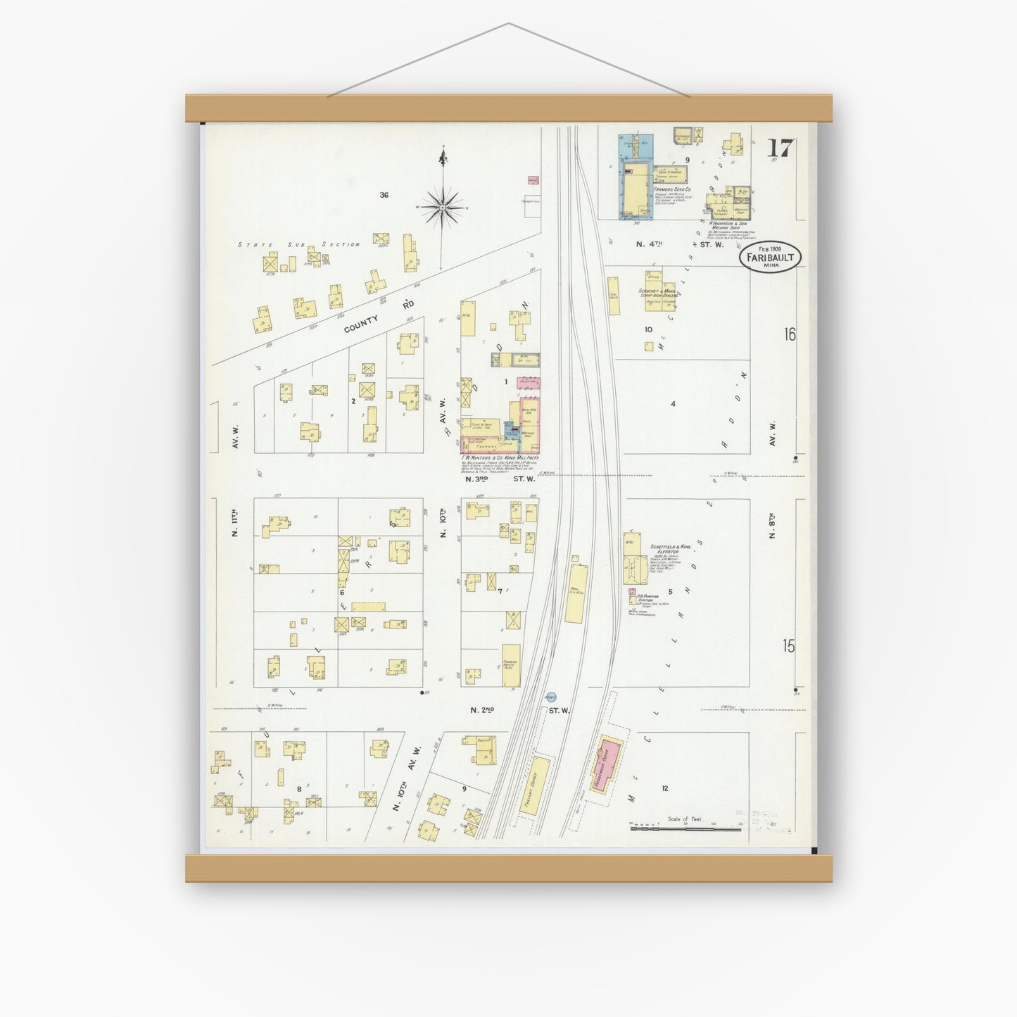 Old map wall art mockup — magnetic wood frame on white wall — Sanborn Fire Insurance Map from Faribault, Rice County, Minnesota (1909), Sheet #0017