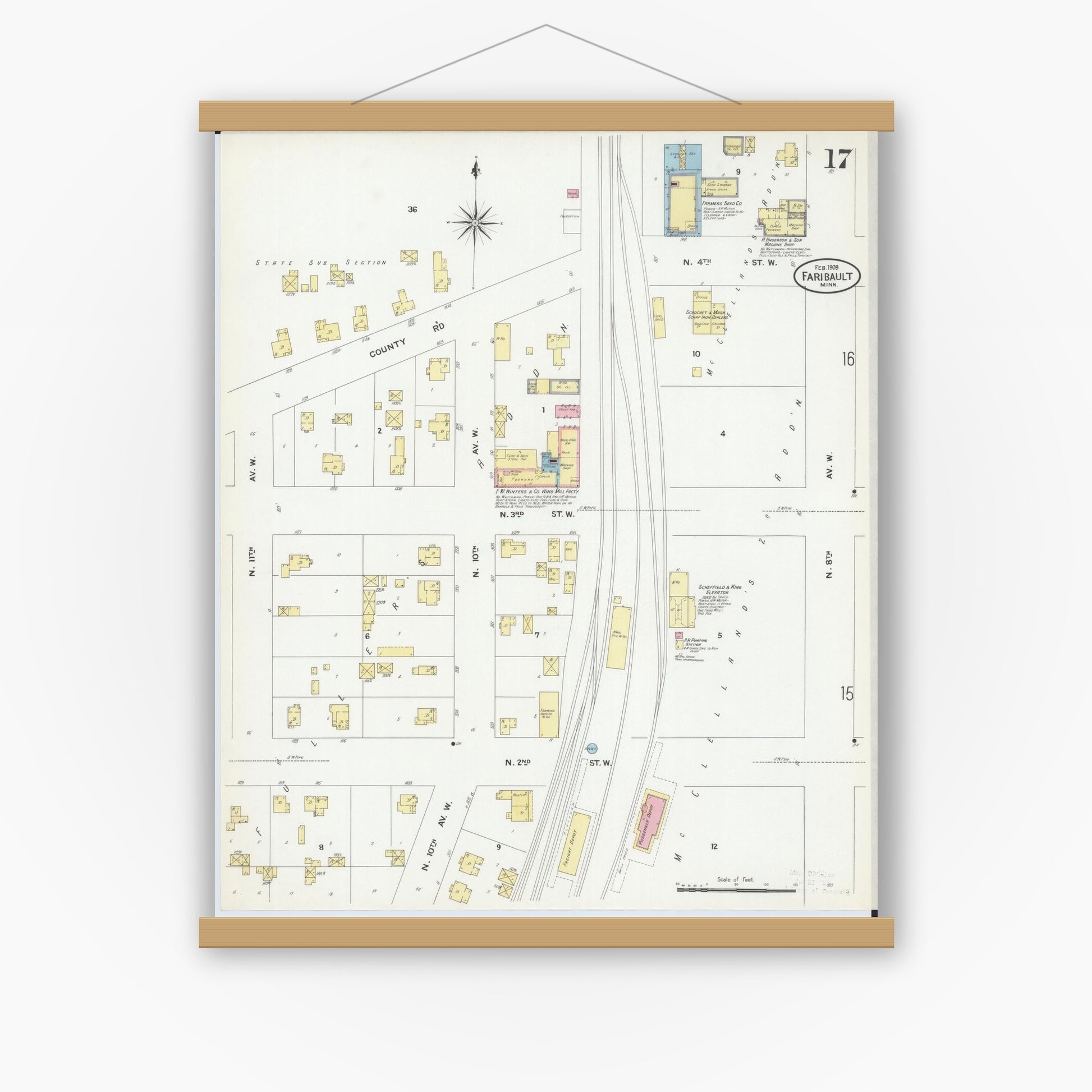 Old map wall art mockup — magnetic wood frame on white wall — Sanborn Fire Insurance Map from Faribault, Rice County, Minnesota (1909), Sheet #0017