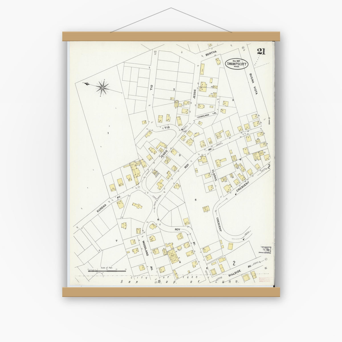 Old map wall art mockup — magnetic wood frame on white wall — Sanborn Fire Insurance Map from Swampscott, Essex County, Massachusetts (1907), Sheet #0021
