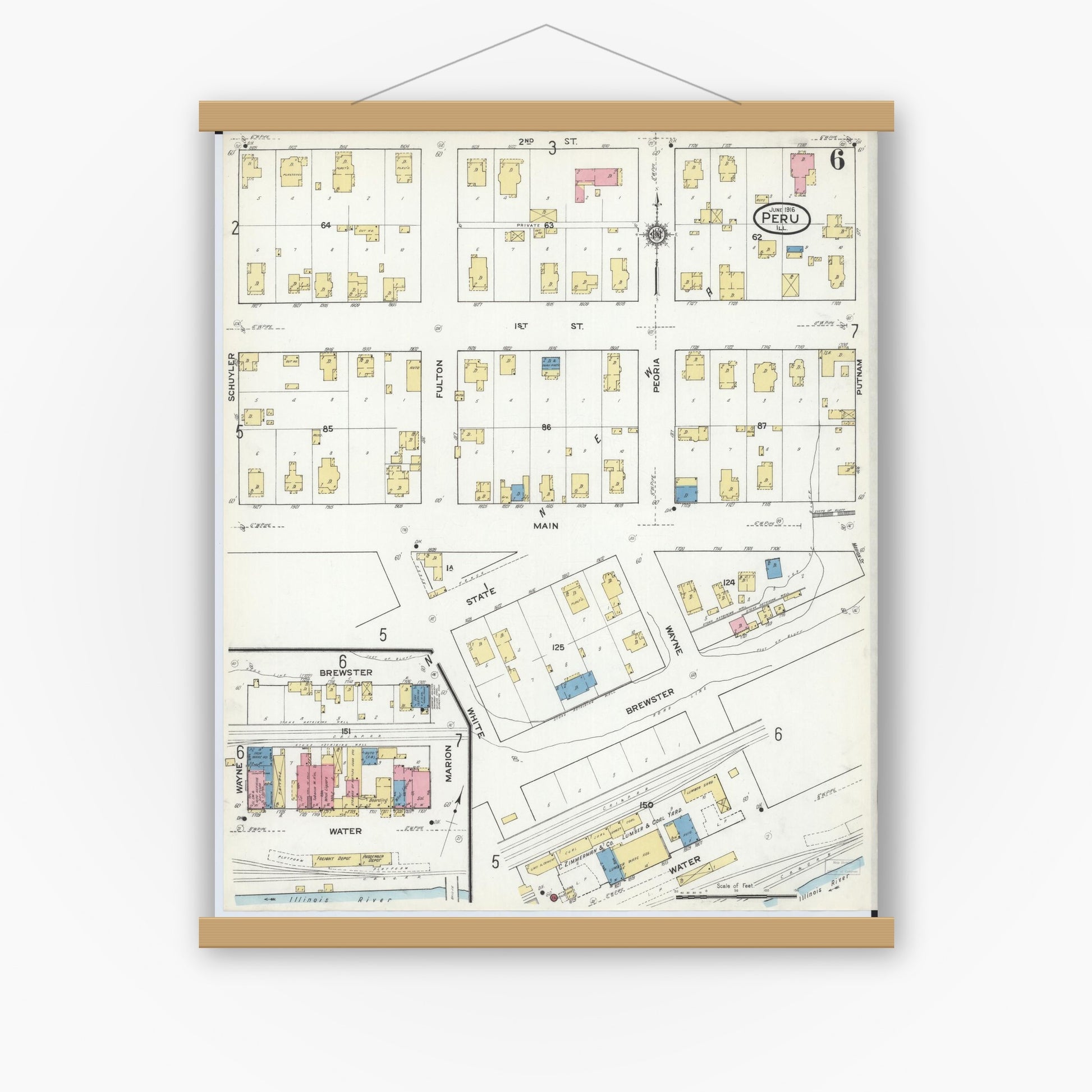 Old map wall art mockup — magnetic wood frame on white wall — Sanborn Fire Insurance Map from Peru, La Salle County, Illinois (1916), Sheet #0006