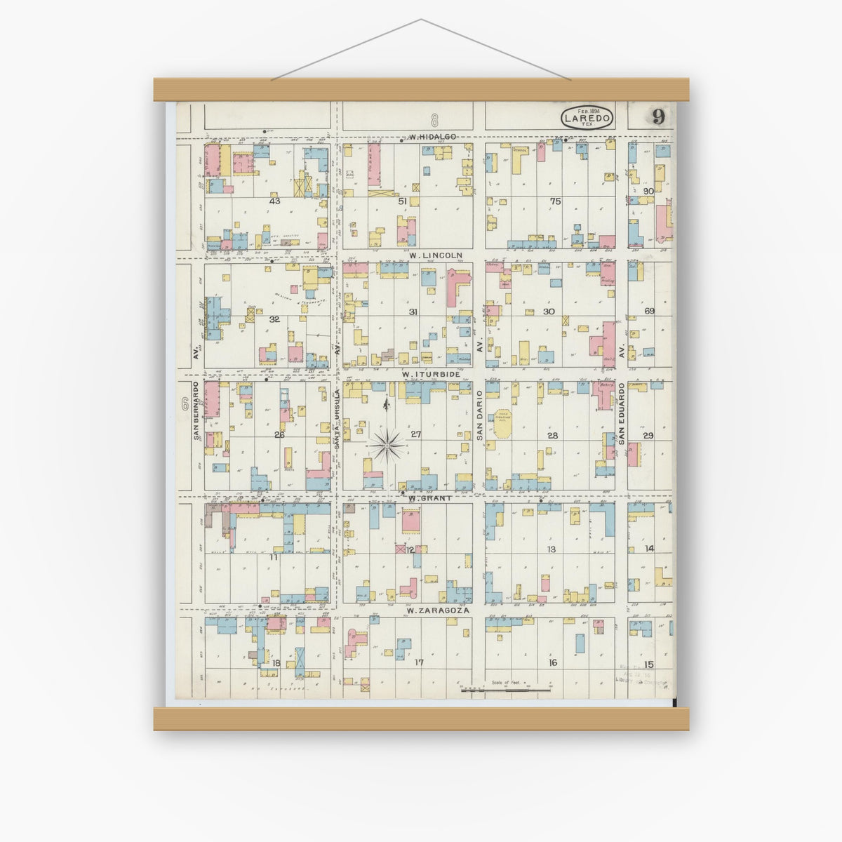 Old map wall art mockup — magnetic wood frame on white wall — Sanborn Fire Insurance Map from Laredo, Webb County, Texas (1894), Sheet #0009