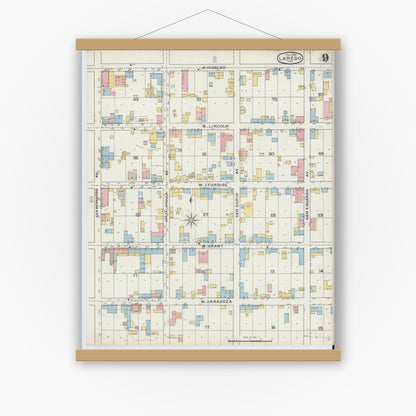 Old map wall art mockup — magnetic wood frame on white wall — Sanborn Fire Insurance Map from Laredo, Webb County, Texas (1894), Sheet #0009
