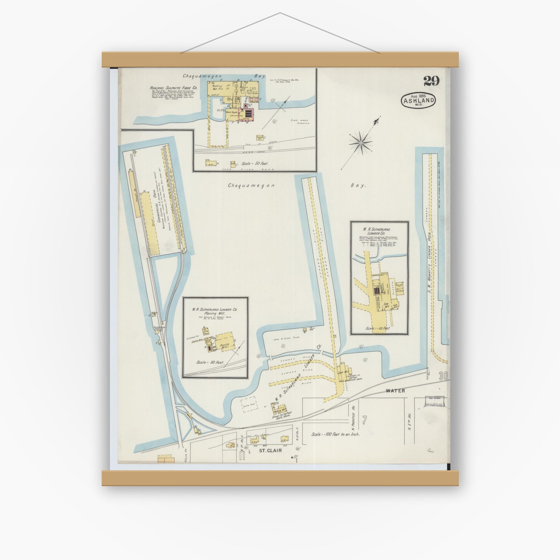 Old map wall art mockup — magnetic wood frame on white wall — Sanborn Fire Insurance Map from Ashland, Ashland County, Wisconsin (1895), Sheet #0029