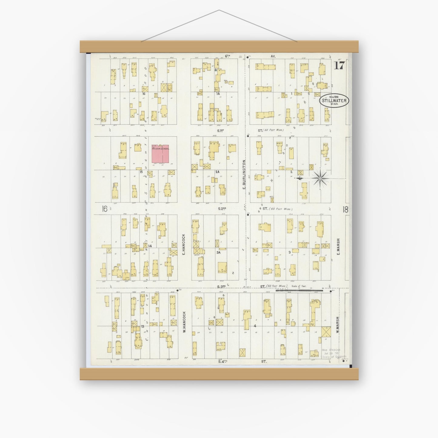 Old map wall art mockup — magnetic wood frame on white wall — Sanborn Fire Insurance Map from Stillwater, Washington County, Minnesota (1898), Sheet #0017