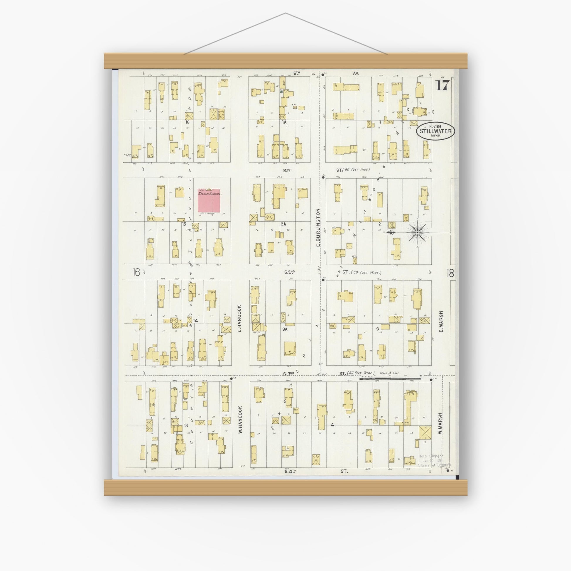 Old map wall art mockup — magnetic wood frame on white wall — Sanborn Fire Insurance Map from Stillwater, Washington County, Minnesota (1898), Sheet #0017