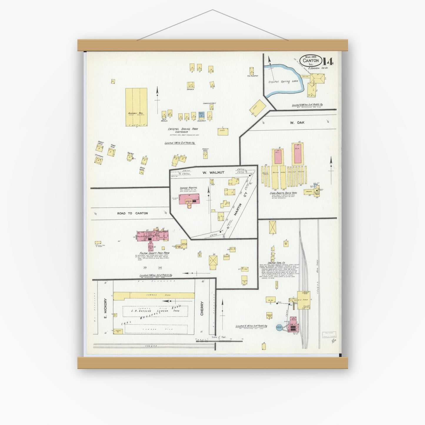 Old map wall art mockup — magnetic wood frame on white wall — Sanborn Fire Insurance Map from Canton, Fulton County, Illinois (1909), Sheet #0014