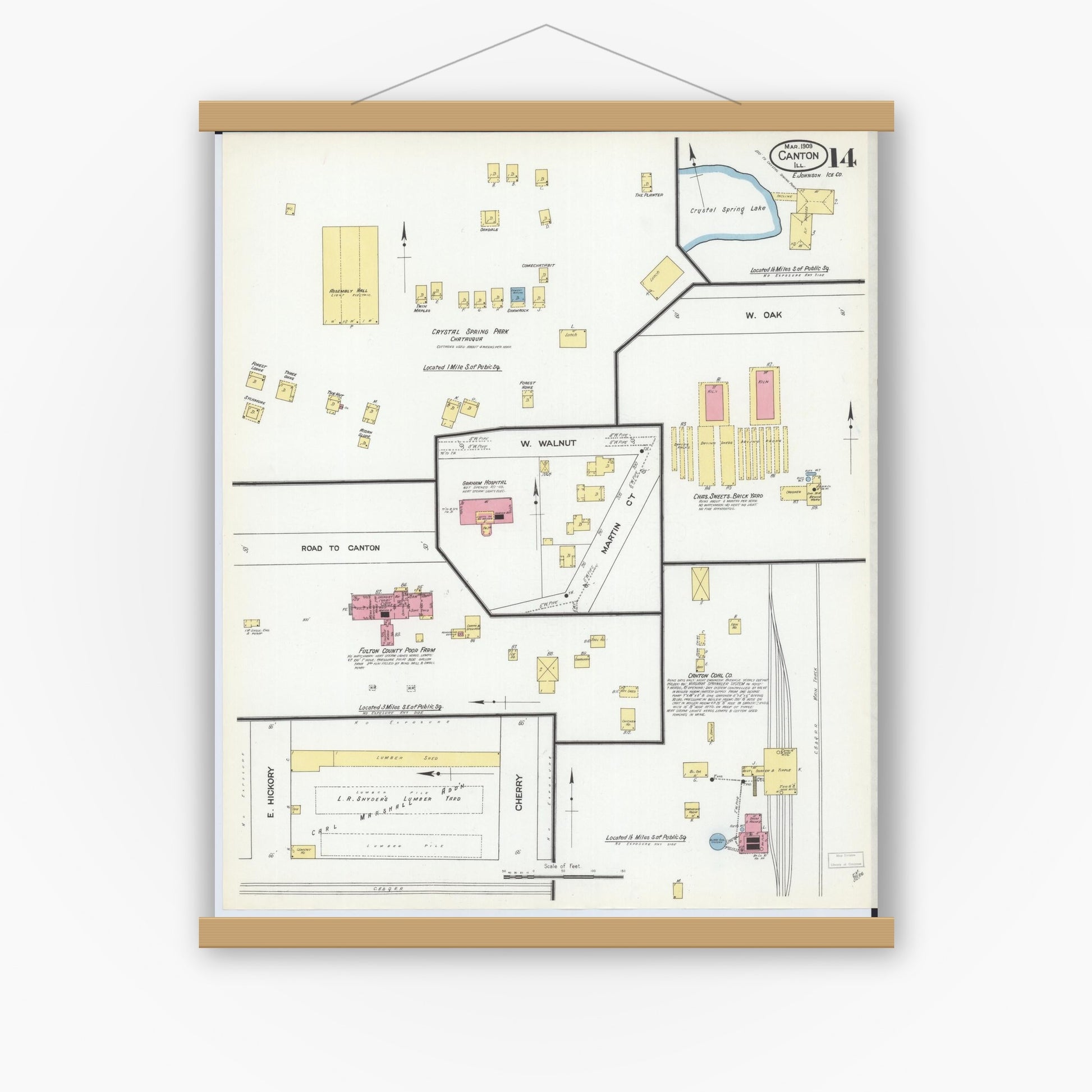 Old map wall art mockup — magnetic wood frame on white wall — Sanborn Fire Insurance Map from Canton, Fulton County, Illinois (1909), Sheet #0014