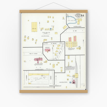 Old map wall art mockup — magnetic wood frame on white wall — Sanborn Fire Insurance Map from Canton, Fulton County, Illinois (1909), Sheet #0014