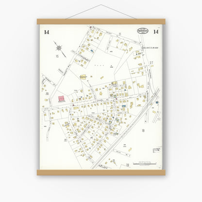 Old map wall art mockup — magnetic wood frame on white wall — Sanborn Fire Insurance Map from Norwood, Norfolk County, Massachusetts (1923), Sheet #0014