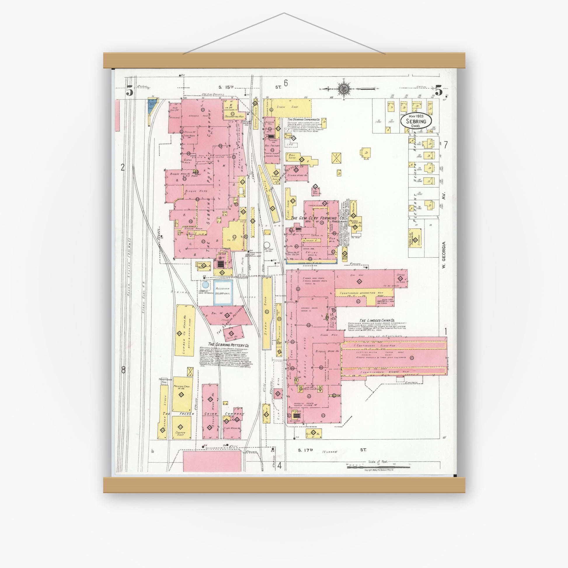 Old map wall art mockup — magnetic wood frame on white wall — Sanborn Fire Insurance Map from Sebring, Mahoning County, Ohio (1923), Sheet #0005