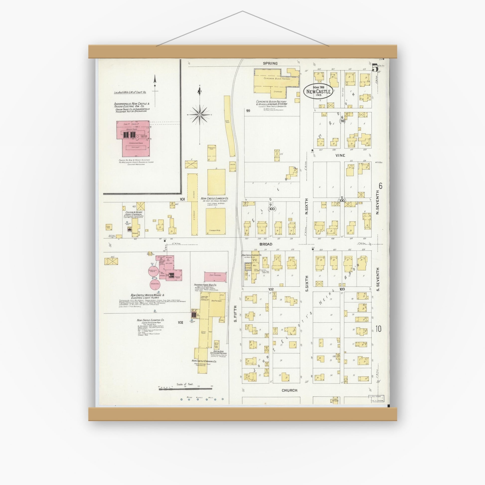 Old map wall art mockup — magnetic wood frame on white wall — Sanborn Fire Insurance Map from New Castle, Henry County, Indiana (1908), Sheet #0005