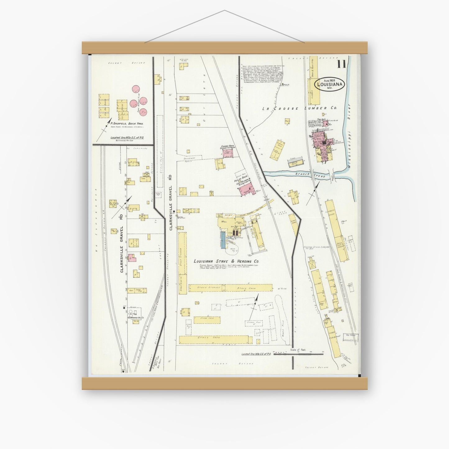 Old map wall art mockup — magnetic wood frame on white wall — Sanborn Fire Insurance Map from Louisiana, Pike County, Missouri (1909), Sheet #0011