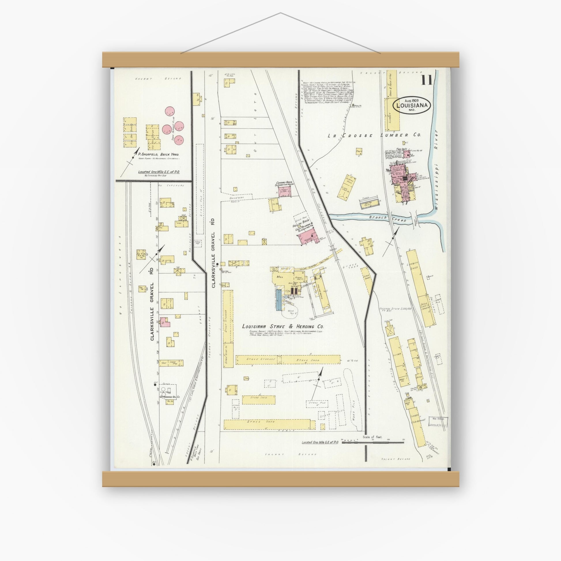 Old map wall art mockup — magnetic wood frame on white wall — Sanborn Fire Insurance Map from Louisiana, Pike County, Missouri (1909), Sheet #0011