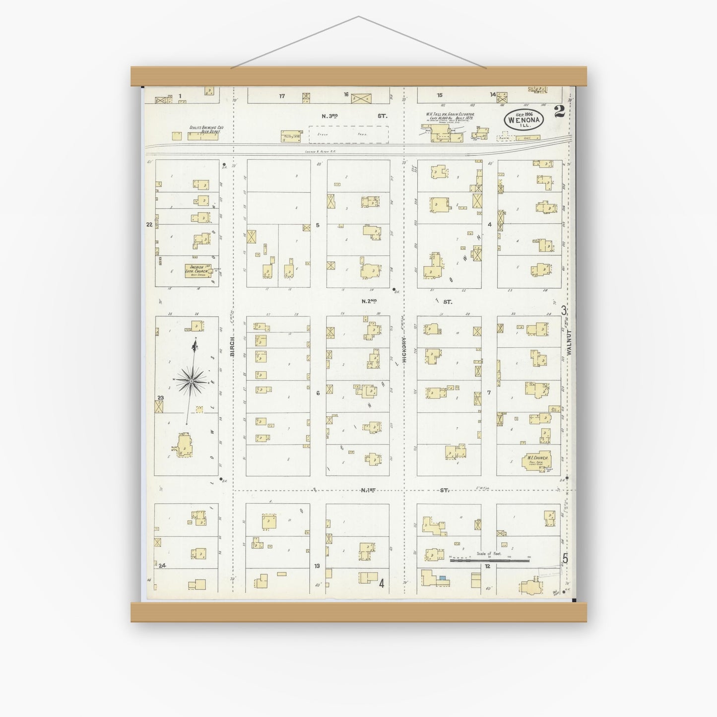 Old map wall art mockup — magnetic wood frame on white wall — Sanborn Fire Insurance Map from Wenona, Marshall County, Illinois (1906), Sheet #0002