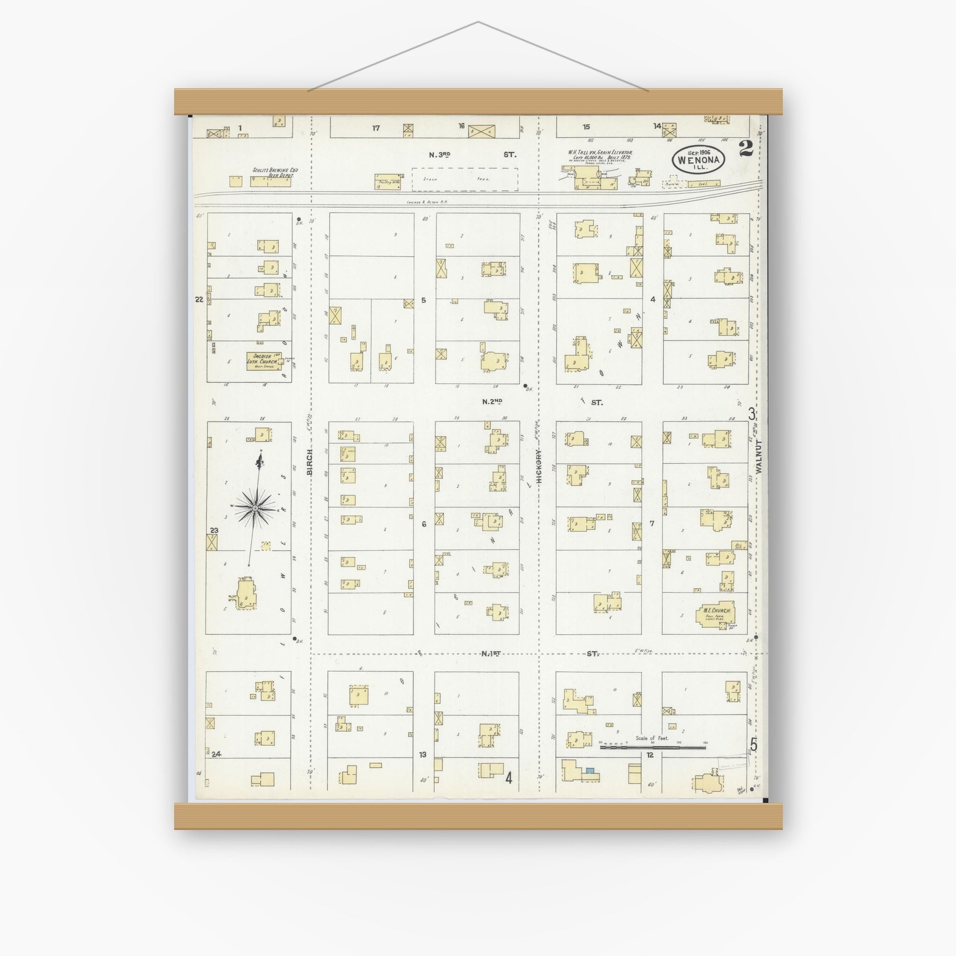 Old map wall art mockup — magnetic wood frame on white wall — Sanborn Fire Insurance Map from Wenona, Marshall County, Illinois (1906), Sheet #0002