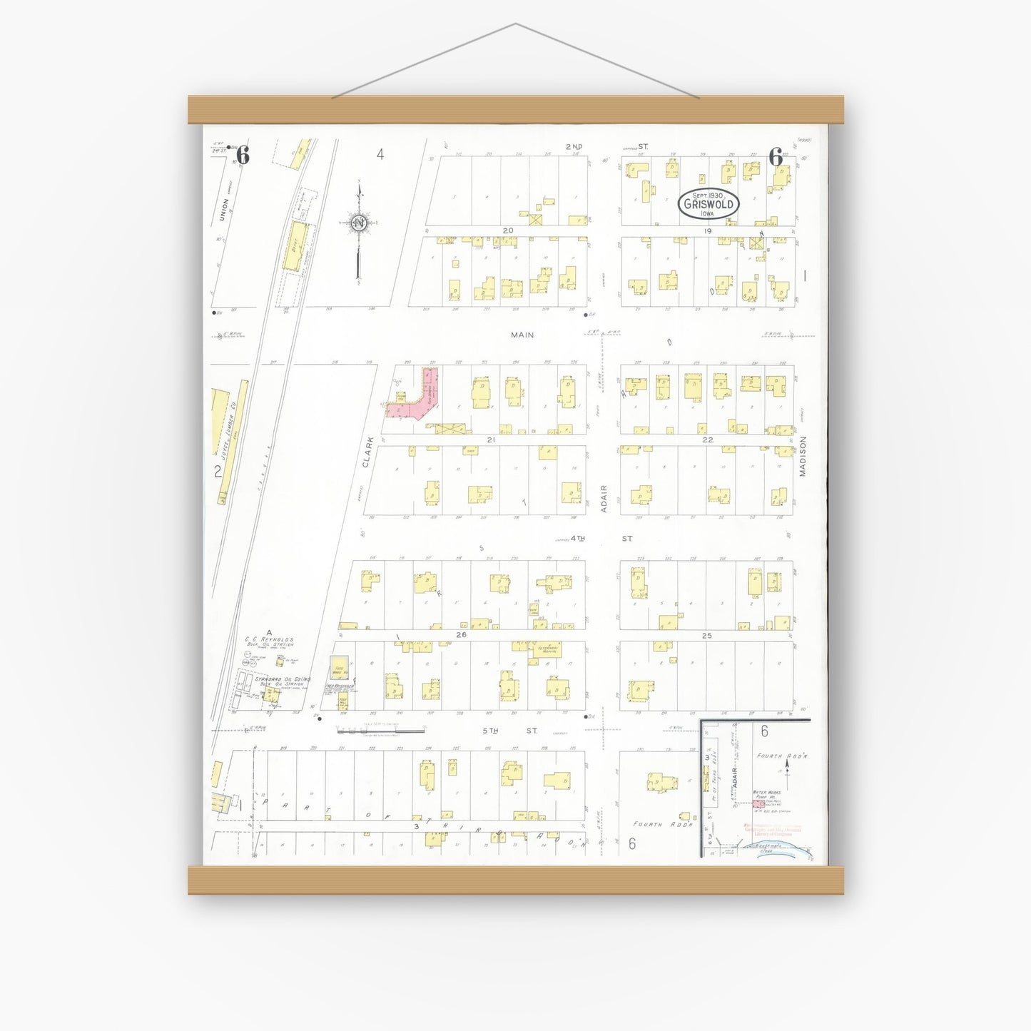 Old map wall art mockup — magnetic wood frame on white wall — Sanborn Fire Insurance Map from Griswold, Cass County, Iowa (1930), Sheet #0006