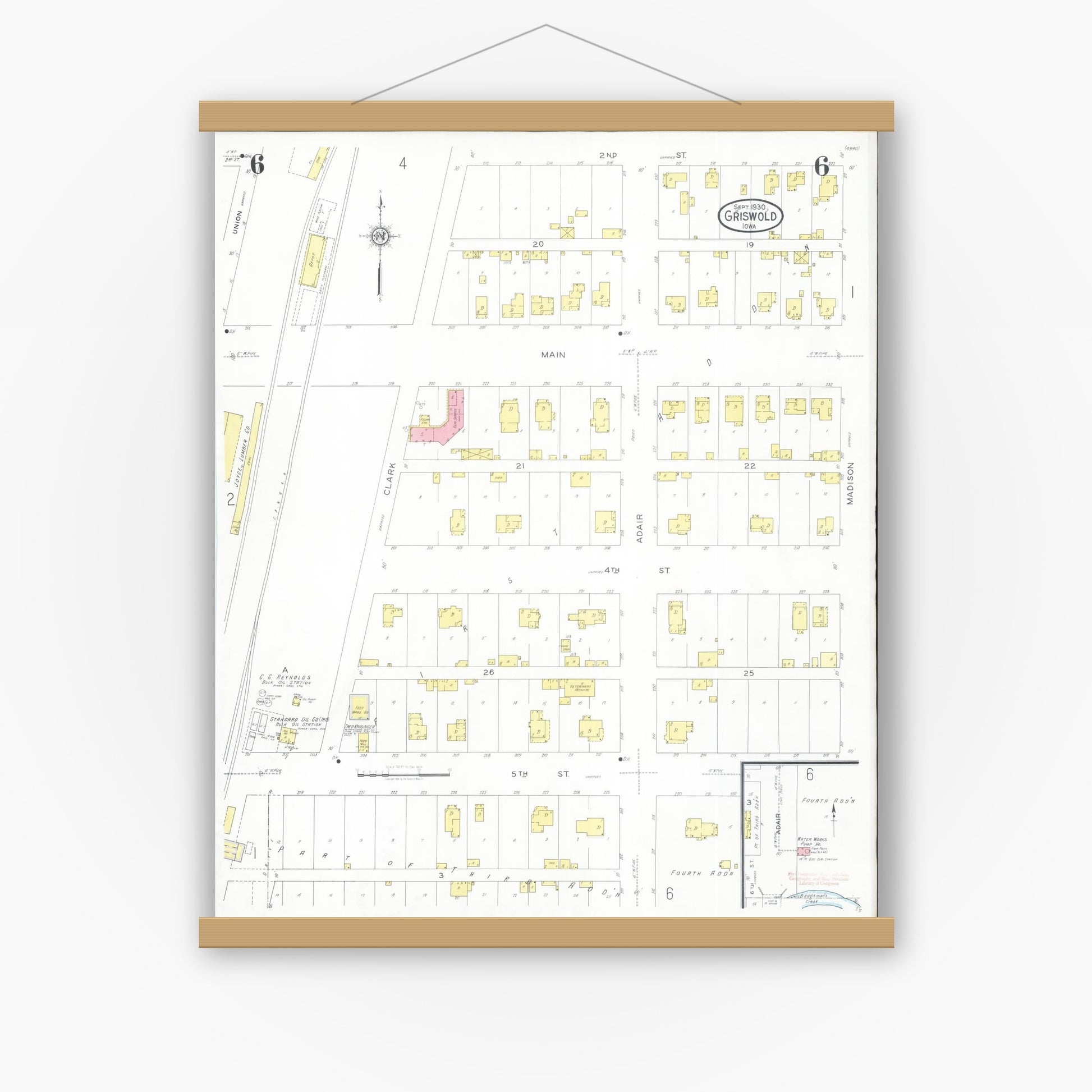 Old map wall art mockup — magnetic wood frame on white wall — Sanborn Fire Insurance Map from Griswold, Cass County, Iowa (1930), Sheet #0006