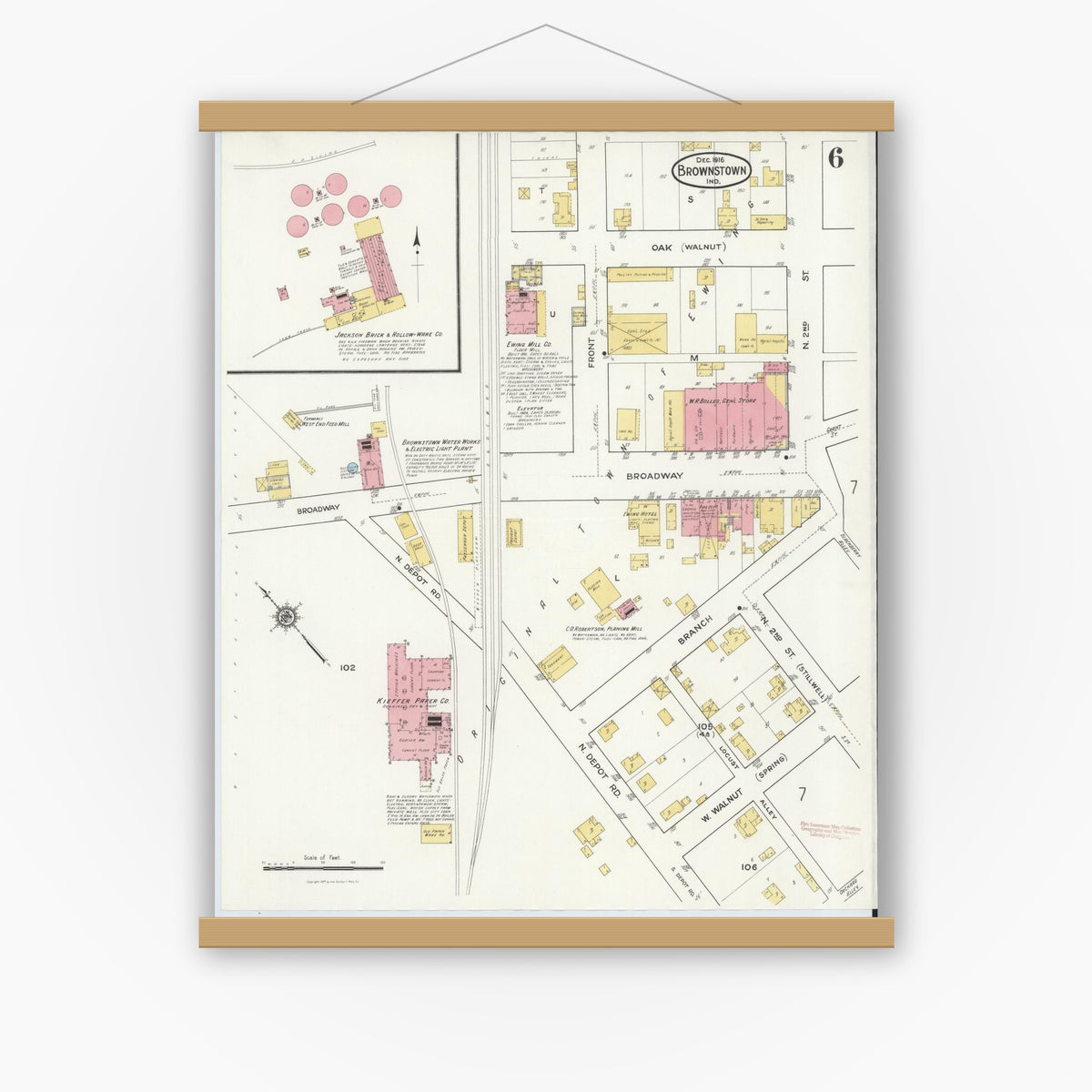 Old map wall art mockup — magnetic wood frame on white wall — Sanborn Fire Insurance Map from Brownstown, Jackson County, Indiana (1916), Sheet #0006
