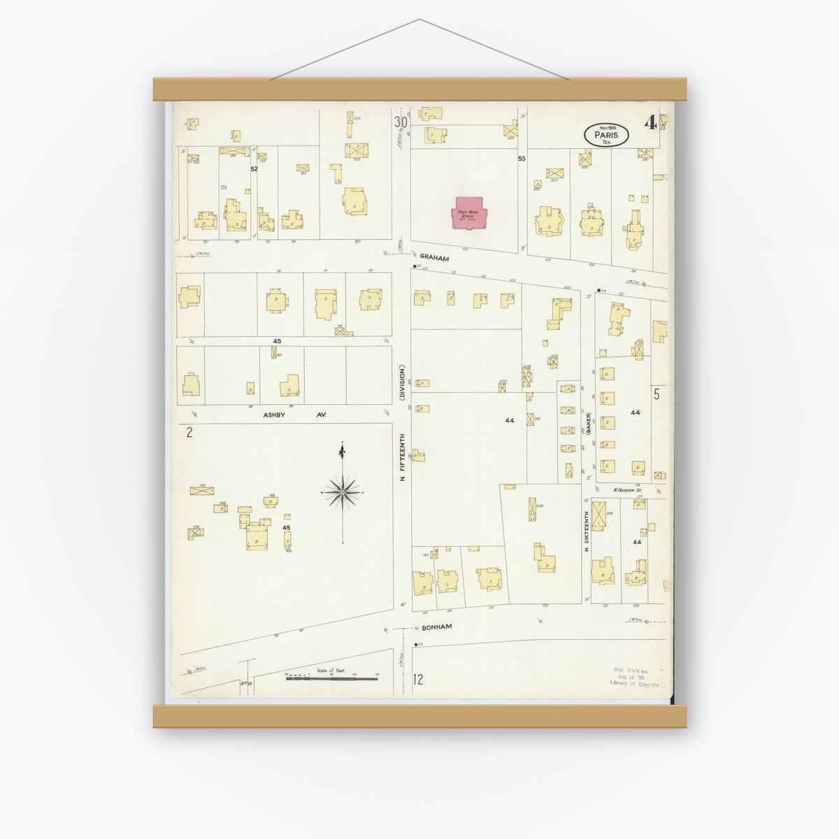 Old map wall art mockup — magnetic wood frame on white wall — Sanborn Fire Insurance Map from Paris, Lamar County, Texas (1908), Sheet #0004