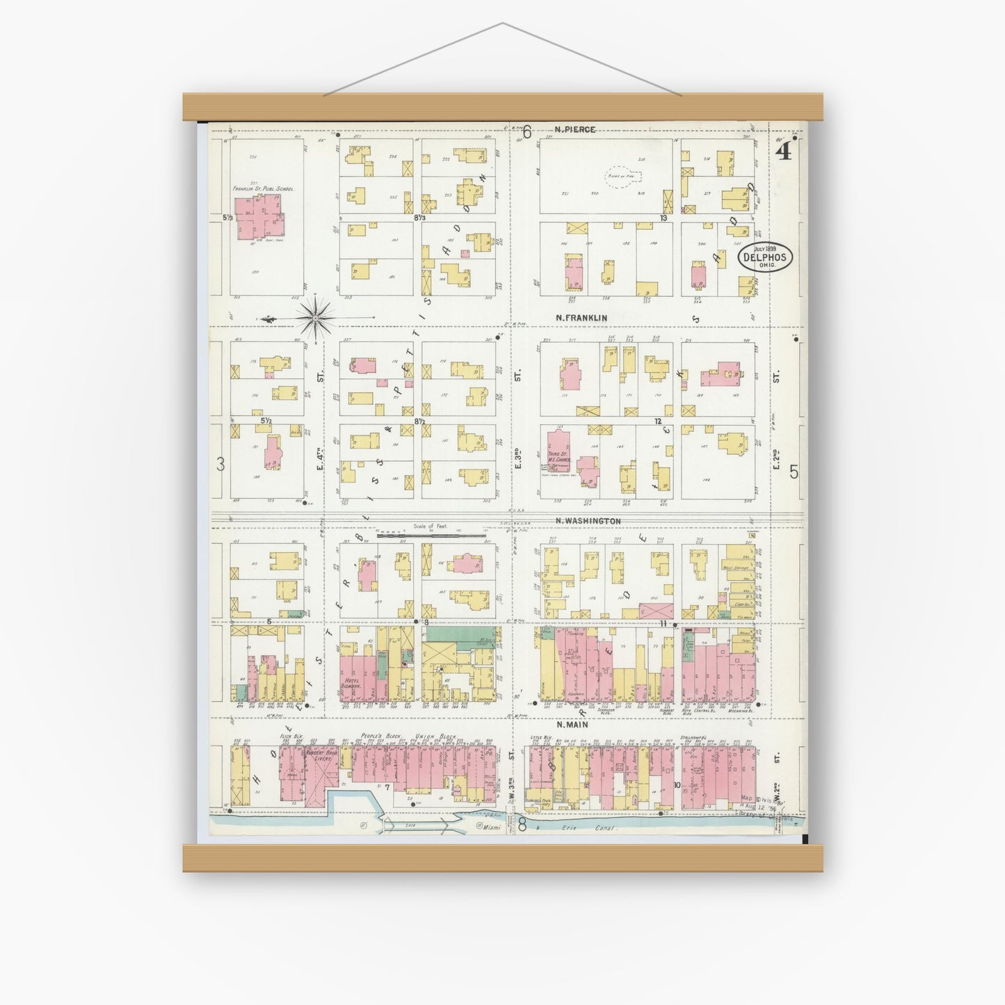 Old map wall art mockup — magnetic wood frame on white wall — Sanborn Fire Insurance Map from Delphos, Van Wert And Allen Counties, Ohio (1899), Sheet #0004