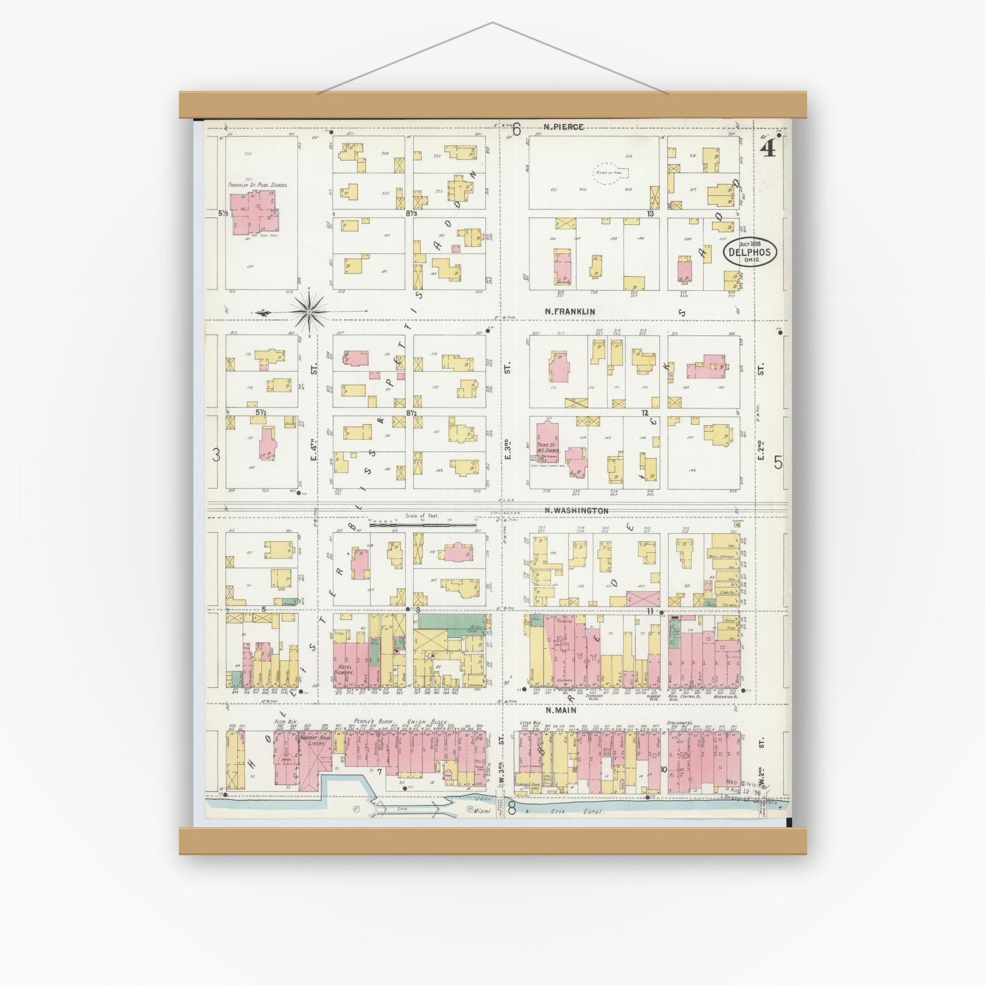 Old map wall art mockup — magnetic wood frame on white wall — Sanborn Fire Insurance Map from Delphos, Van Wert And Allen Counties, Ohio (1899), Sheet #0004