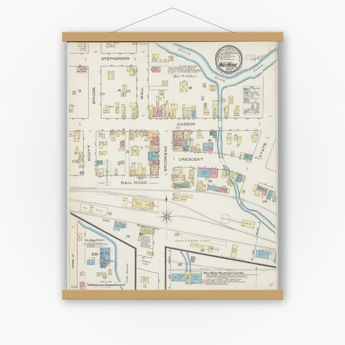 Old map wall art mockup — magnetic wood frame on white wall — Sanborn Fire Insurance Map from Mazomanie, Dane County, Wisconsin (1886), Sheet #0001