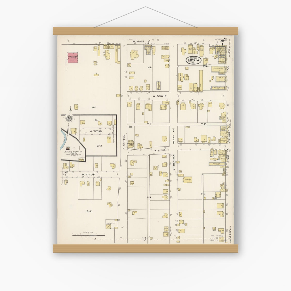 Old map wall art mockup — magnetic wood frame on white wall — Sanborn Fire Insurance Map from Mexia, Limestone County, Texas (1922), Sheet #0007