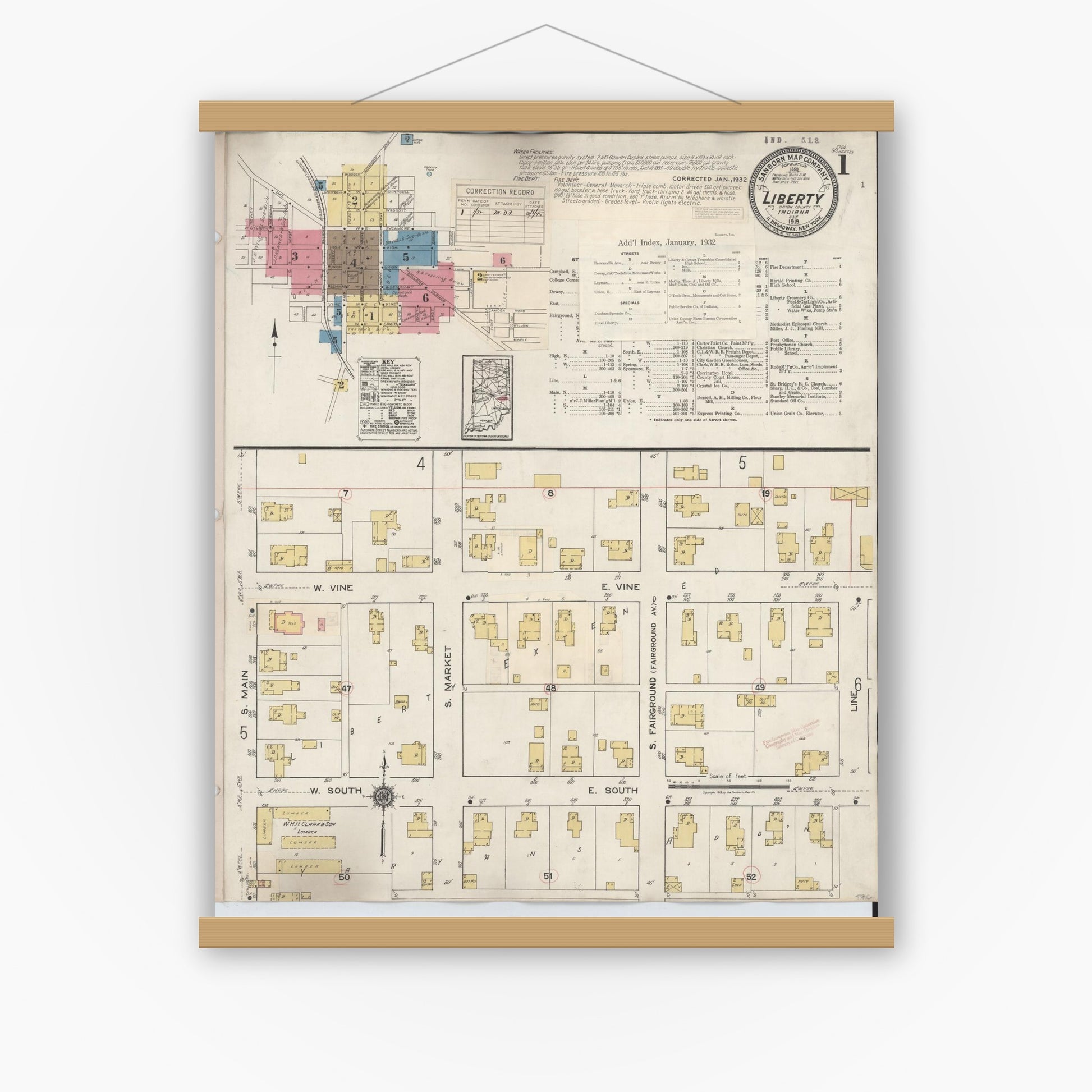 Old map wall art mockup — magnetic wood frame on white wall — Sanborn Fire Insurance Map from Liberty, Union County, Indiana (1932), Sheet #0001