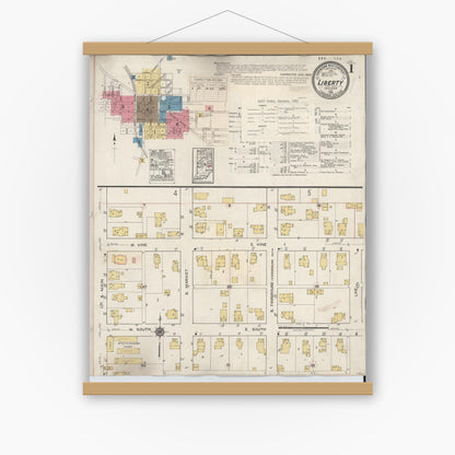 Old map wall art mockup — magnetic wood frame on white wall — Sanborn Fire Insurance Map from Liberty, Union County, Indiana (1932), Sheet #0001