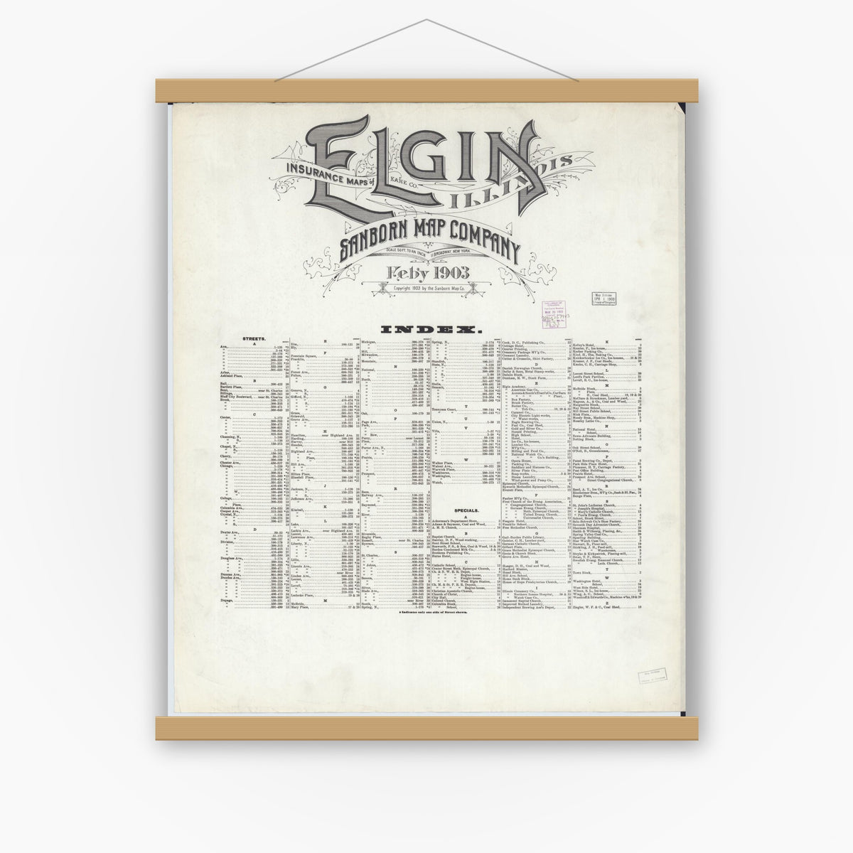 Old map wall art mockup — magnetic wood frame on white wall — Sanborn Fire Insurance Map from Elgin, Kane County, Illinois (1903), Sheet #0001
