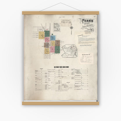 Old map wall art mockup — magnetic wood frame on white wall — Sanborn Fire Insurance Map from Ferris, Ellis County, Texas (1941) - Complete Map Set