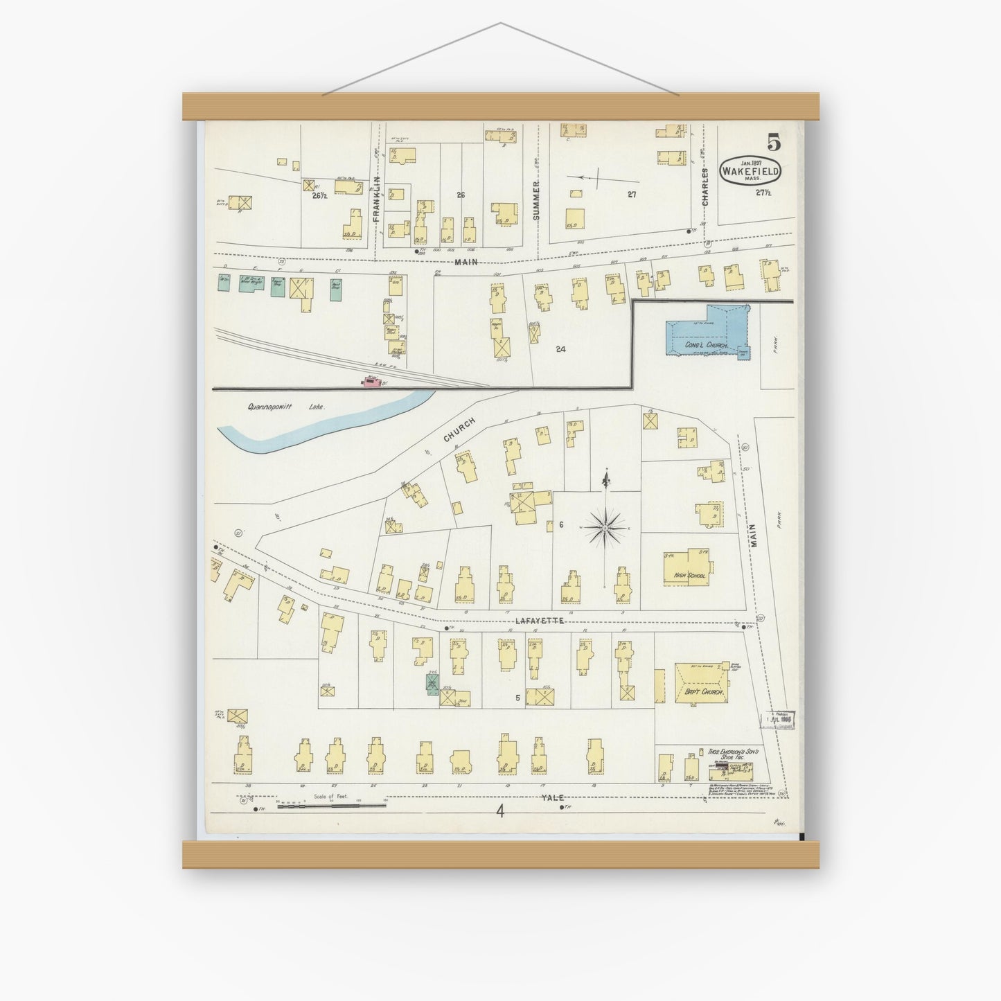 Old map wall art mockup — magnetic wood frame on white wall — Sanborn Fire Insurance Map from Wakefield, Middlesex County, Massachusetts (1897), Sheet #0005