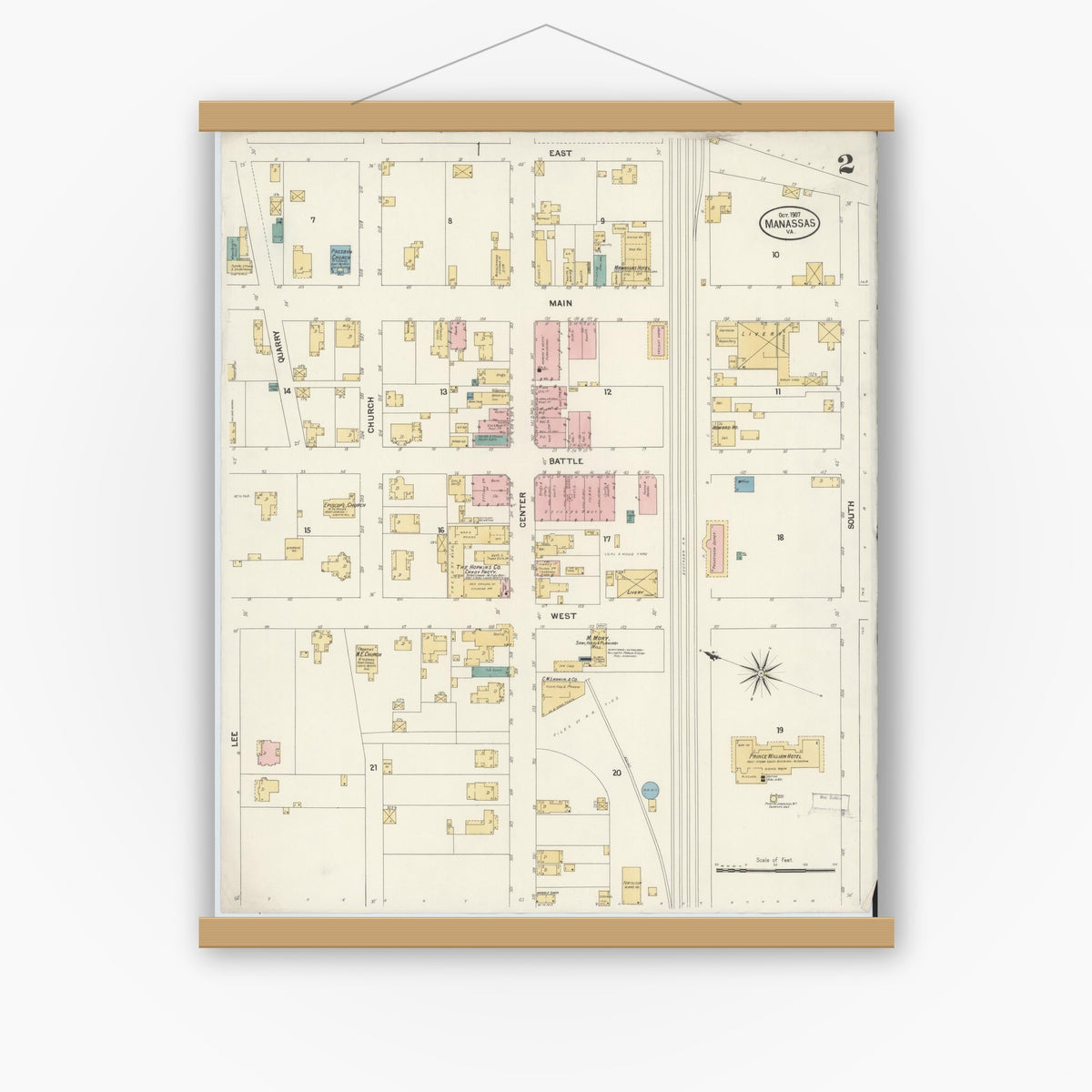 Old map wall art mockup — magnetic wood frame on white wall — Sanborn Fire Insurance Map from Manassas, Independent Cities, Virginia (1907), Sheet #0002