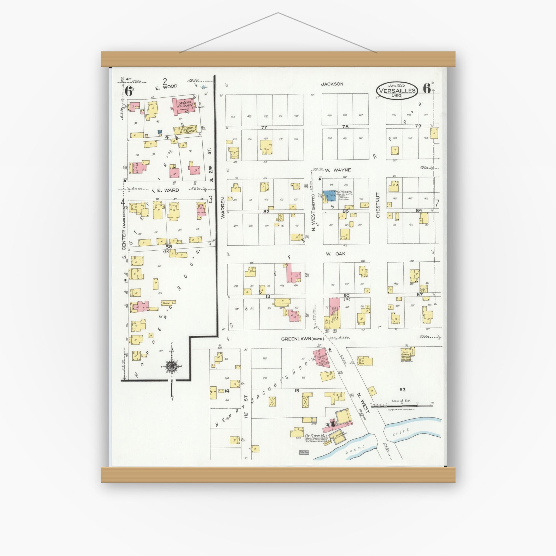Old map wall art mockup — magnetic wood frame on white wall — Sanborn Fire Insurance Map from Versailles, Darke County, Ohio (1925), Sheet #0006