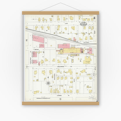 Old map wall art mockup — magnetic wood frame on white wall — Sanborn Fire Insurance Map from Marshall, Harrison County, Texas (1904), Sheet #0004