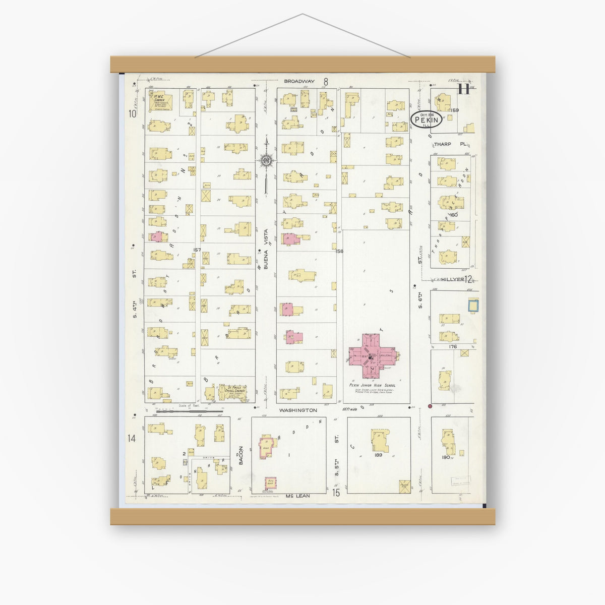 Old map wall art mockup — magnetic wood frame on white wall — Sanborn Fire Insurance Map from Pekin, Tazewell County, Illinois (1916), Sheet #0011