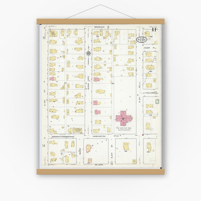 Old map wall art mockup — magnetic wood frame on white wall — Sanborn Fire Insurance Map from Pekin, Tazewell County, Illinois (1916), Sheet #0011