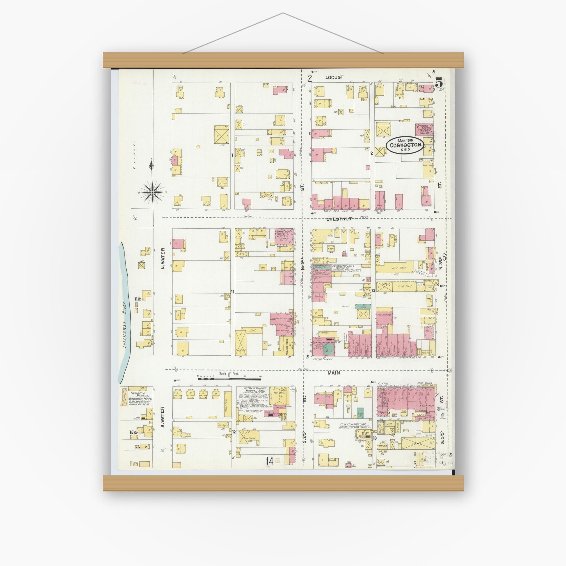 Old map wall art mockup — magnetic wood frame on white wall — Sanborn Fire Insurance Map from Coshocton, Coshocton County, Ohio (1905), Sheet #0005