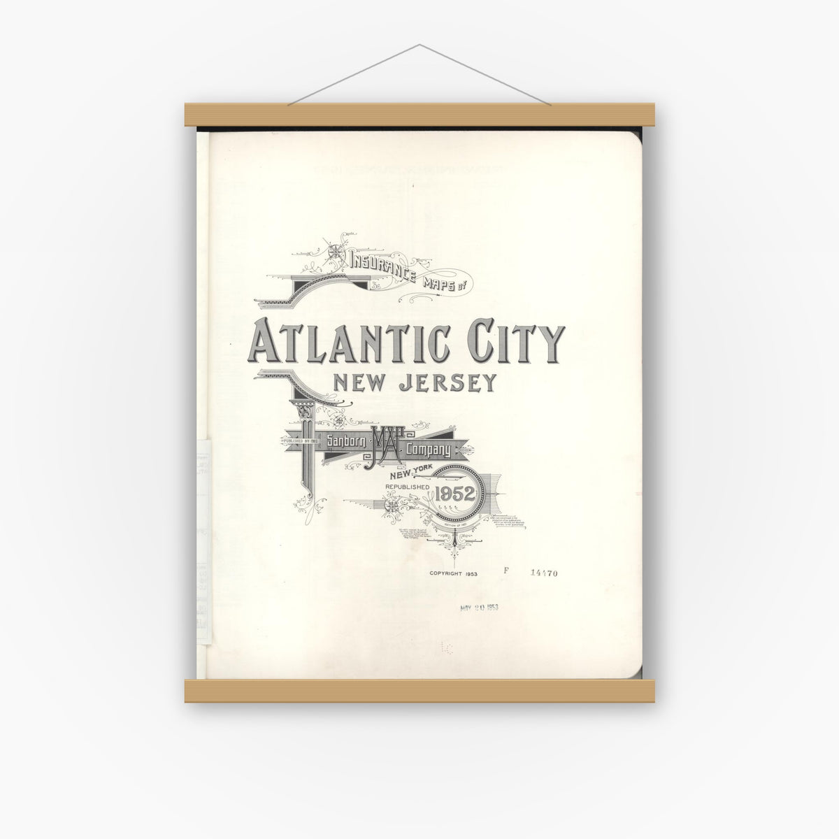 Old map wall art mockup — magnetic wood frame on white wall — Sanborn Fire Insurance Map from Atlantic City, Atlantic County, New Jersey (1952), Sheet #0001