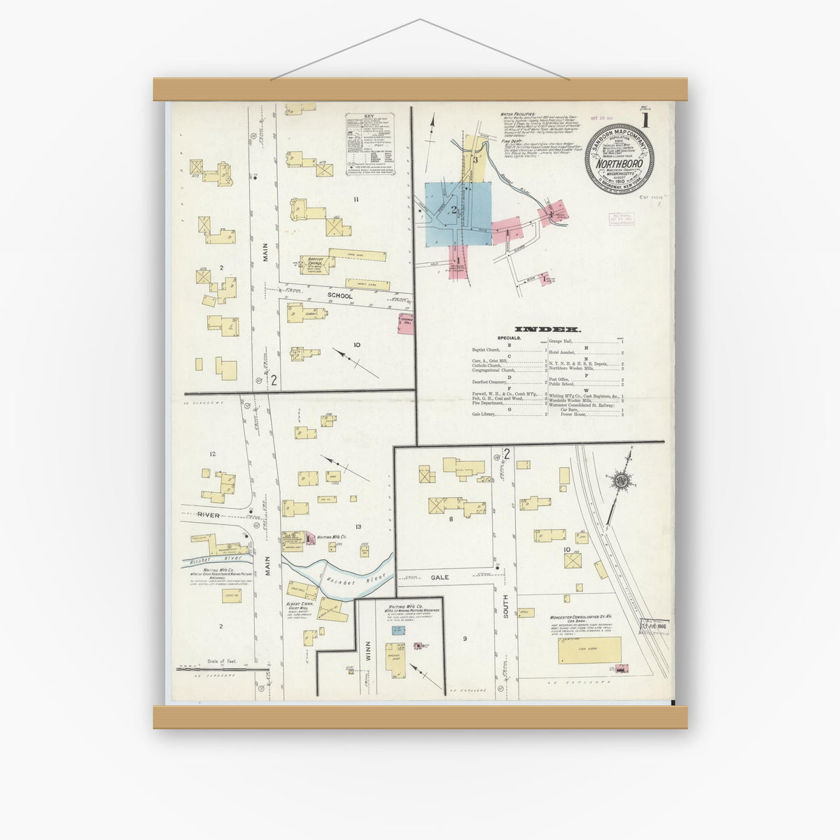 Old map wall art mockup — magnetic wood frame on white wall — Sanborn Fire Insurance Map from Northboro, Worcester County, Massachusetts (1910) - Complete Map Set