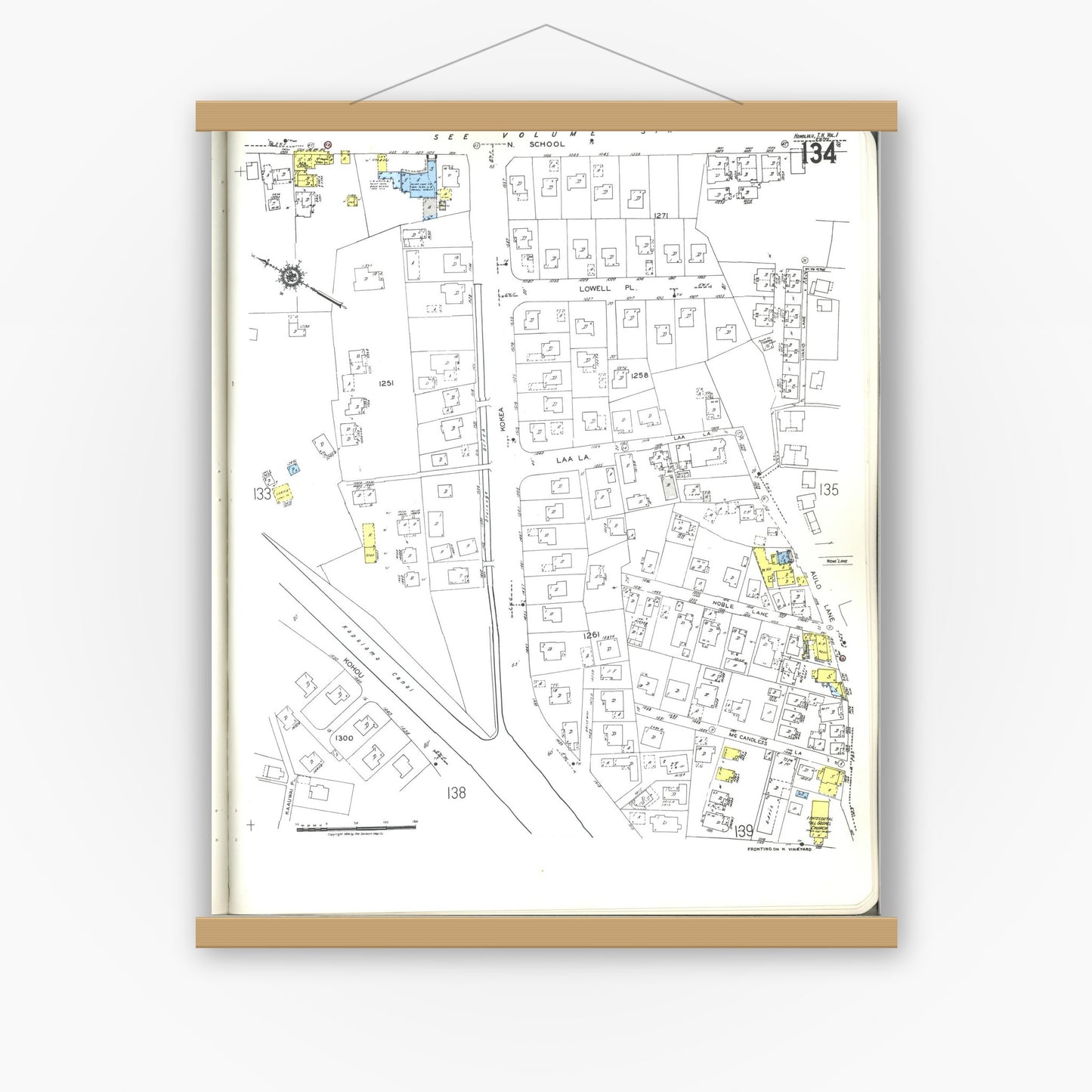 Old map wall art mockup — magnetic wood frame on white wall — Sanborn Fire Insurance Map from Honolulu, Oahu County, Hawaii (1955), Sheet #0134