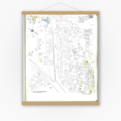 Old map wall art mockup — magnetic wood frame on white wall — Sanborn Fire Insurance Map from Honolulu, Oahu County, Hawaii (1955), Sheet #0134