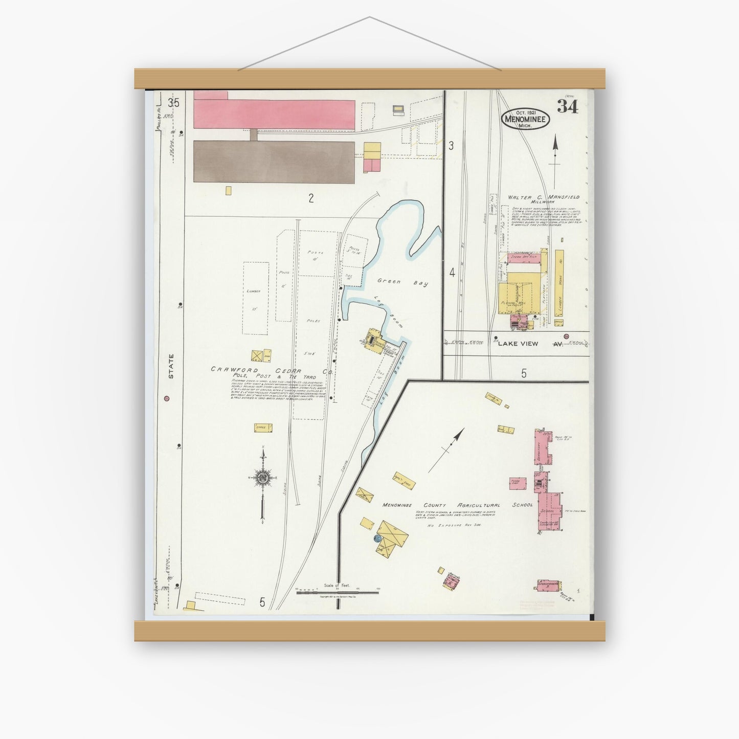 Old map wall art mockup — magnetic wood frame on white wall — Sanborn Fire Insurance Map from Menominee, Menominee County, Michigan (1921), Sheet #0034