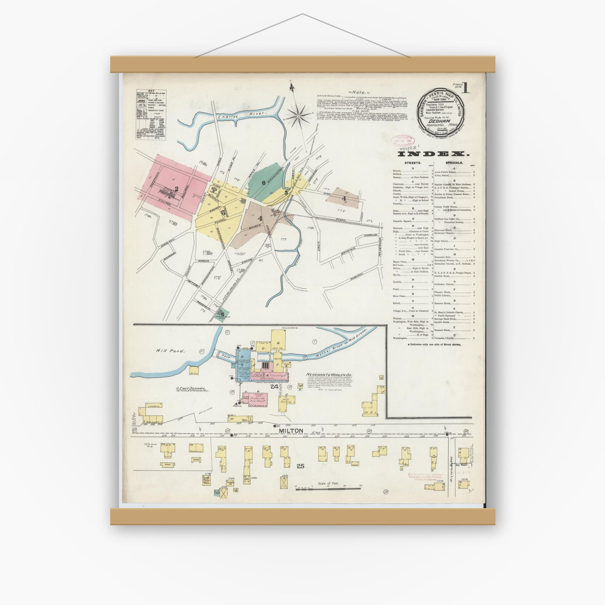 Old map wall art mockup — magnetic wood frame on white wall — Sanborn Fire Insurance Map from Dedham, Norfolk County, Massachusetts (1892) - Complete Map Set